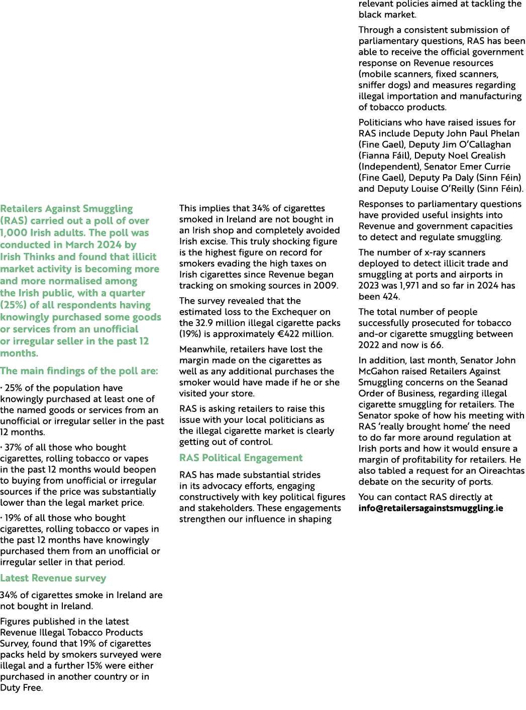 Retailers Against Smuggling (RAS) carried out a poll of over 1,000 Irish adults. The poll was conducted in March 2024...