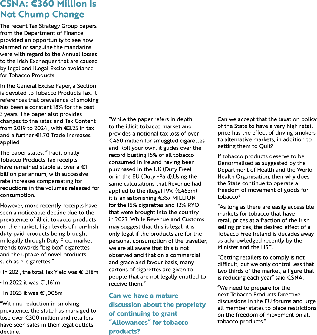 CSNA: €360 Million Is Not Chump Change The recent Tax Strategy Group papers from the Department of Finance provided a...