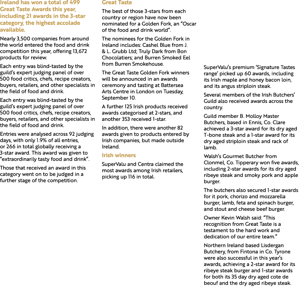 Ireland has won a total of 499 Great Taste Awards this year, including 21 awards in the 3 star category, the highest ...