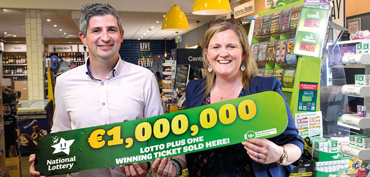 NO REPRO FEE: 16th July 2024. There were celebrations to be heard far and wide in the centre of Westport town as Hobans Centra was announced as the selling location of Saturday’s Lotto Plus 1 top prize-winning ticket worth a life-changing €1 million. Pictured at the celebrations were from left: Sean Hoban (Hobans Centra Westport) and Donna Broderick (Lottery Area Representative). Pic: Michael McLaughlin / Mac Innes Photography 