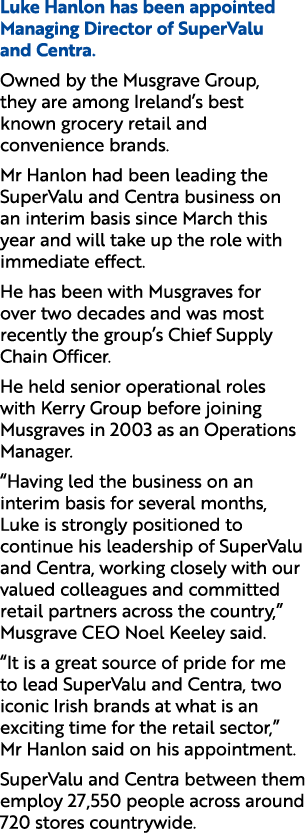 Luke Hanlon has been appointed Managing Director of SuperValu and Centra. Owned by the Musgrave Group, they are among...