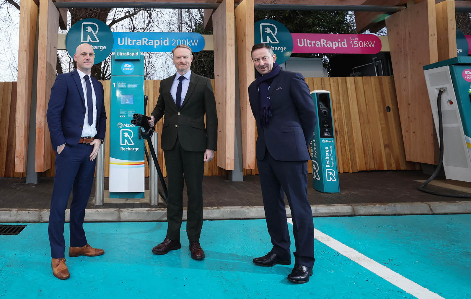 Press Eye - Belfast - Northern Ireland  Tuesday 6th  December 2022   Photo by  Matt Mackey  / PressEye  Maxol opens Northern Ireland’s first dedicated Ultra-Rapid EV charging hub at Kinnegar Service Station. Pictured at the launch from left is Ciaran McNally, Chief Retail Officer, The Maxol Group;  Kevin Paterson, Retail Manager NI, The Maxol Group;  Brian Donaldson, CEO The Maxol Group