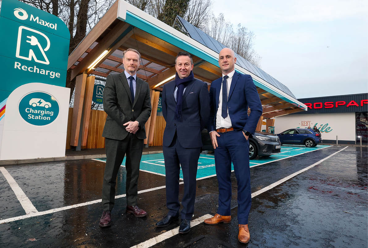 Press Eye - Belfast - Northern Ireland  Tuesday 6th  December 2022   Photo by  Matt Mackey  / PressEye   Maxol opens Northern Ireland’s first dedicated Ultra-Rapid EV charging hub at Kinnegar Service Station. Pictured at the launch from left is Kevin Paterson, Retail Manager NI The Maxol Group; Brian Donaldson, CEO The Maxol Group; Ciaran McNally, Chief Retail Officer, The Maxol Group.