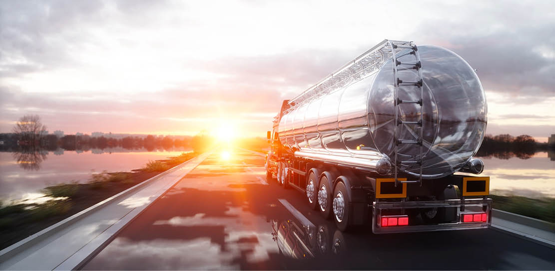 Gasoline tanker, Oil trailer, truck on highway. Very fast driving. 3d rendering.