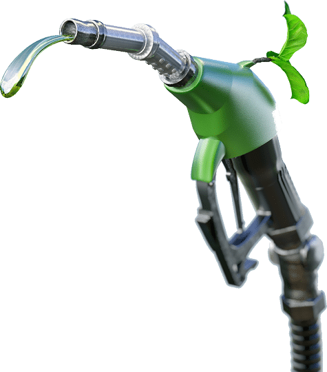 Gas pump nozzle with gasoline or biofuel drop and growing green sprout symbolising environmental friendliness, isolated. Ecological biofuel concept. 3D illustration