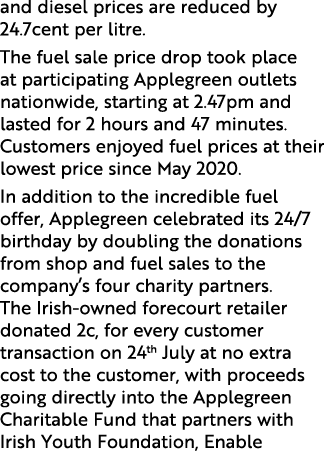 and diesel prices are reduced by 24 7cent per litre  The fuel sale price drop took place at participating Applegreen    