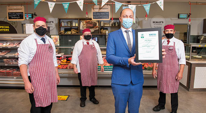 Free Pic No Repro Fee 05 07 2020 John Coleman Head Butcher, Brendan Daly Butcher ,  Eoghan Scally SuperValu Clonakilty and Michael O'Sullivan Butcher  at the announcement that Scally s SuperValu Clonakilty has achieved Bord Bia Retail Butcher Quality Assurance certification   Images by Gerard McCarthy 087 8537228 For more info contact  CIAN DOHERTY  DRURY COMMUNICATIONS    087 772 6678    cian doherty drury ie