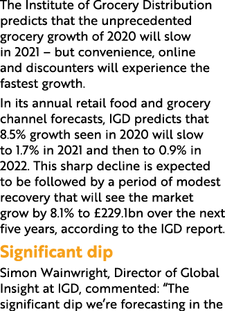 The Institute of Grocery Distribution predicts that the unprecedented grocery growth of 2020 will slow in 2021   but    