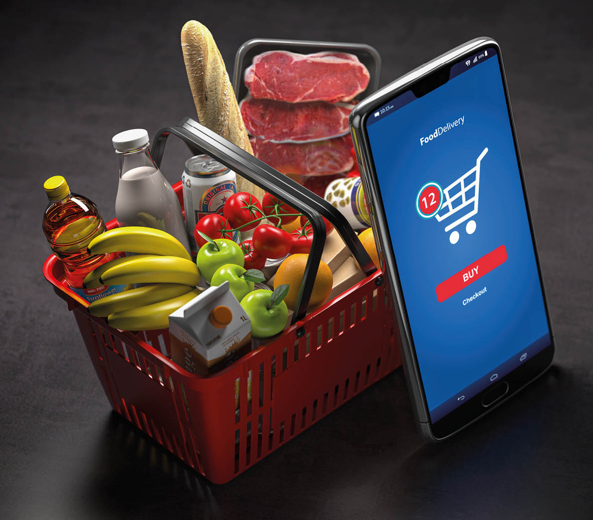 Shopping basket with fresh food and smartphone or mobile  Grocery supermarket, food and eats online buying and delivery concept  3d illustration