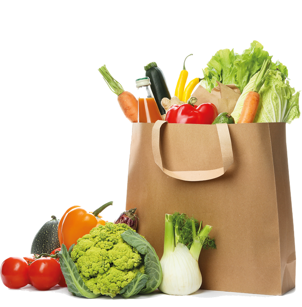 Paper bag with fresh vegetables and bottle of juice on white background