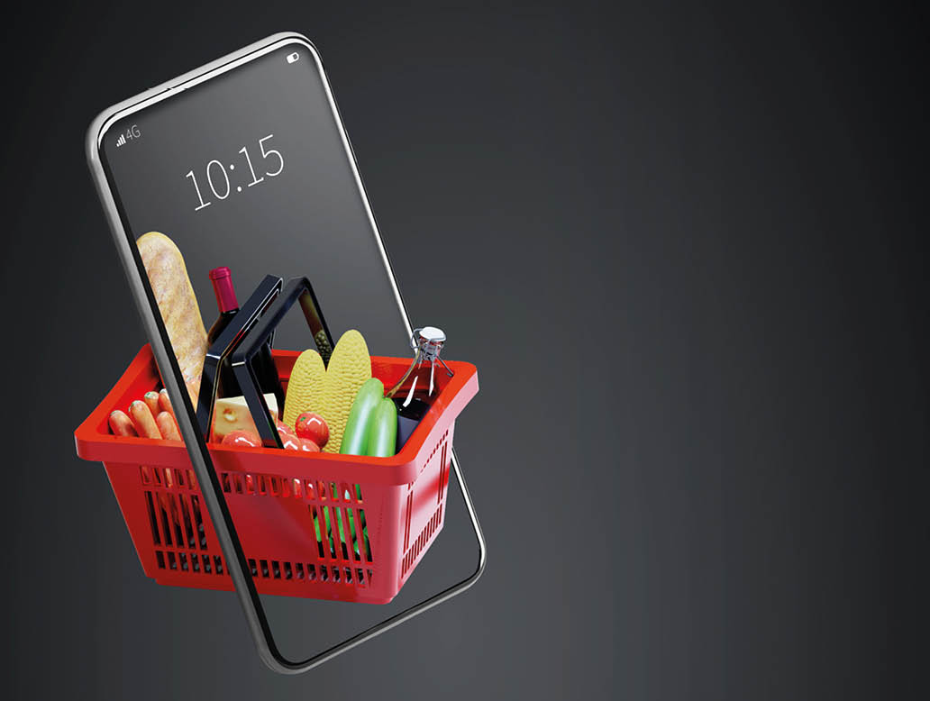 Service for delivery app  Food market in smartphone  Online shop  Food delivery background concept  Online shop in your smartphone  Shopping cart 