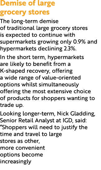 Demise of large grocery stores The long-term demise of traditional large grocery stores is expected to continue with    