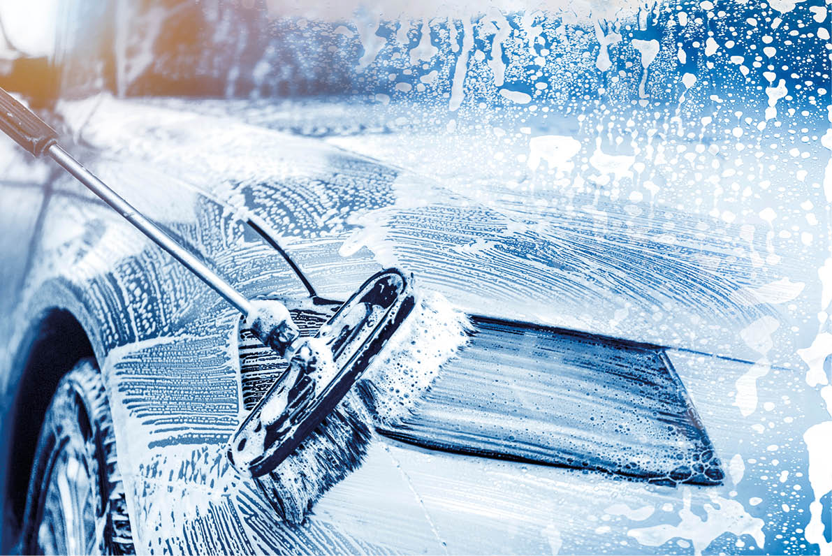 Car Wash wide banner  Washing Car Backdrop washing with Copy Space panorama photo  light blue colored 