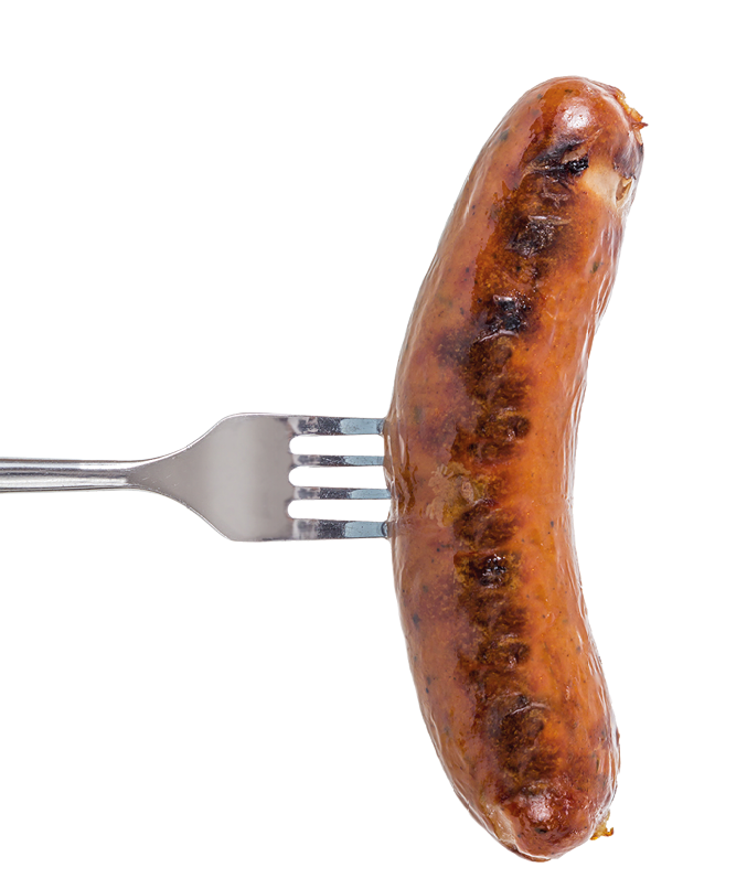 Grilled Sausage on a fork isolated on white background