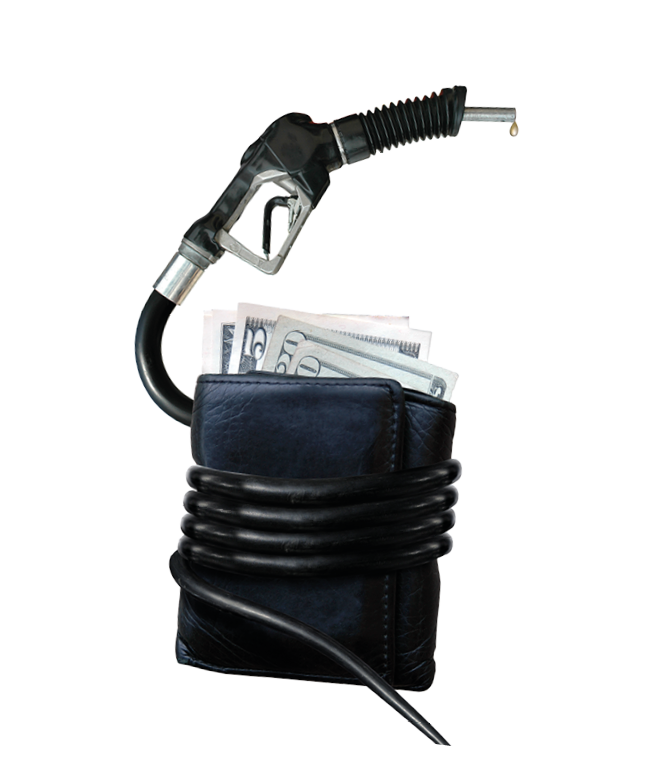 Gasoline nozzle wrapped around a wallet symbolizing the cost of oil