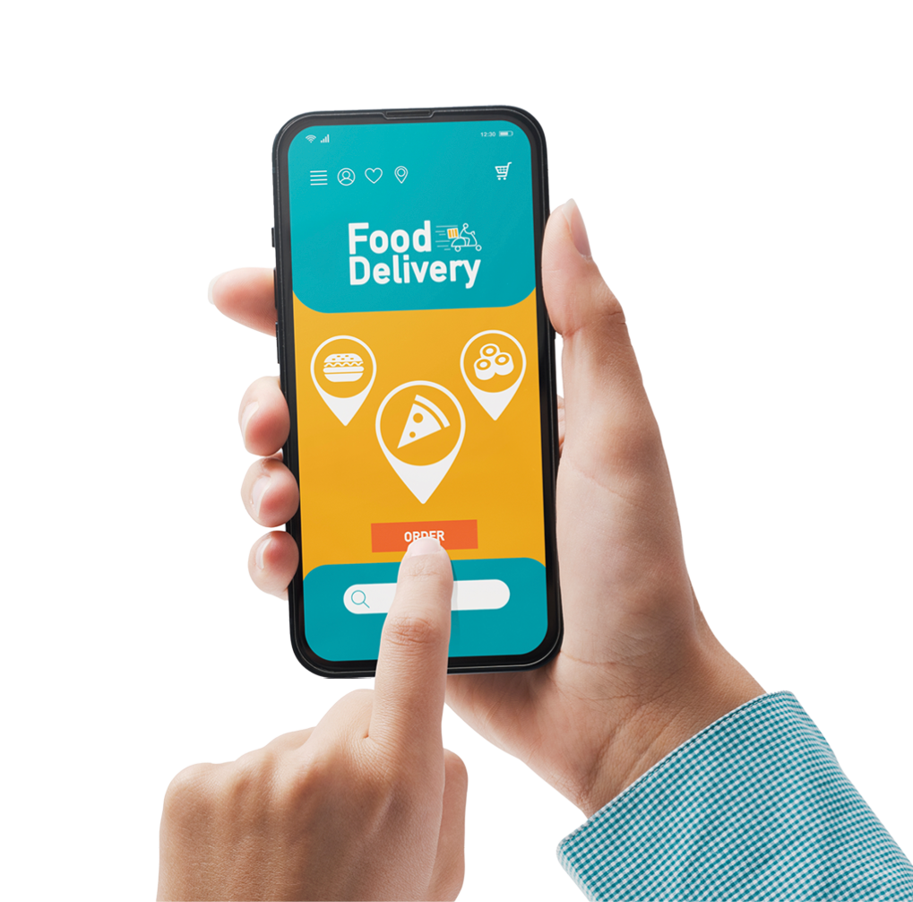 Woman ordering food delivery from restaurants online, fast food and home delivery concept, POV shot On white background