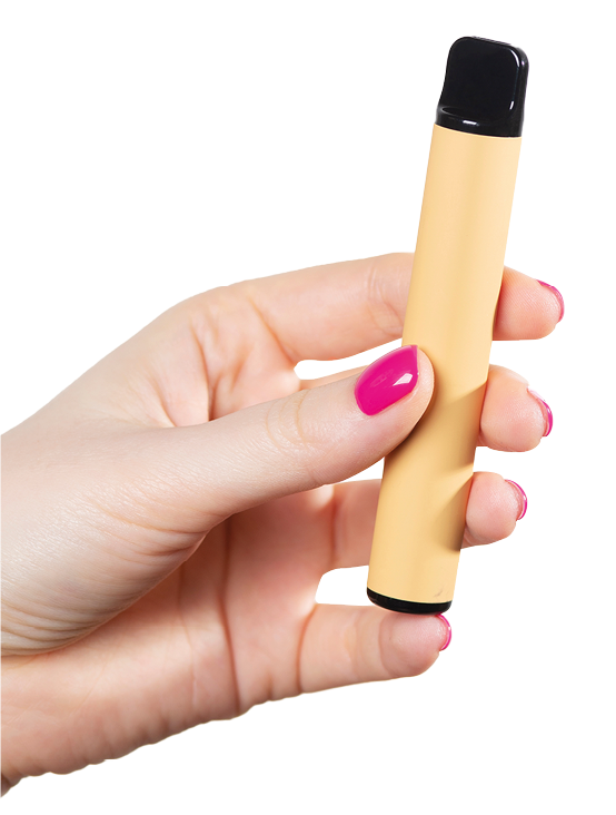 Disposable electronic cigarette in hand close-up on a white background  The concept of modern smoking, vaping and nicotine  Copy space