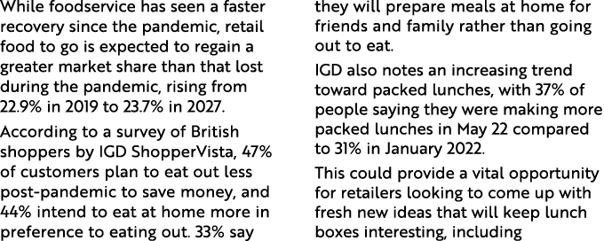 While foodservice has seen a faster recovery since the pandemic, retail food to go is expected to regain a greater ma   