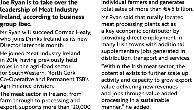 Joe Ryan is to take over the leadership of Meat Industry Ireland, according to business group Ibec  Mr Ryan will succ   