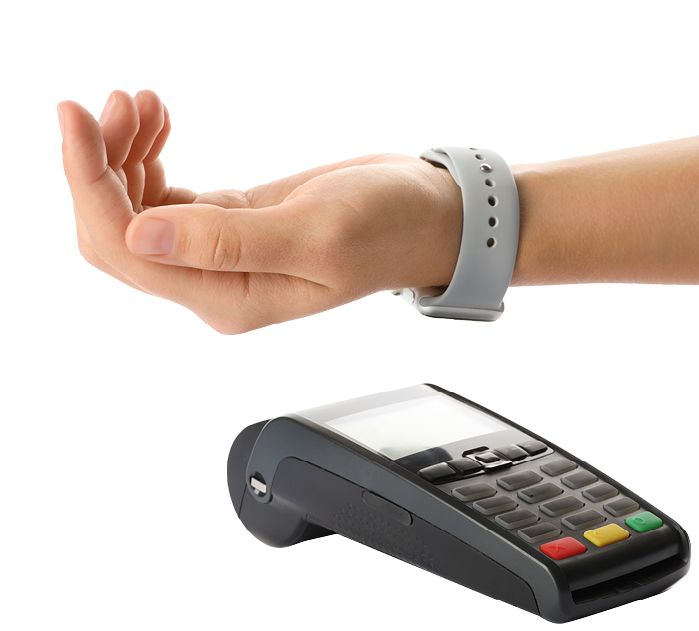 Woman using terminal for contactless payment with smart watch on white background