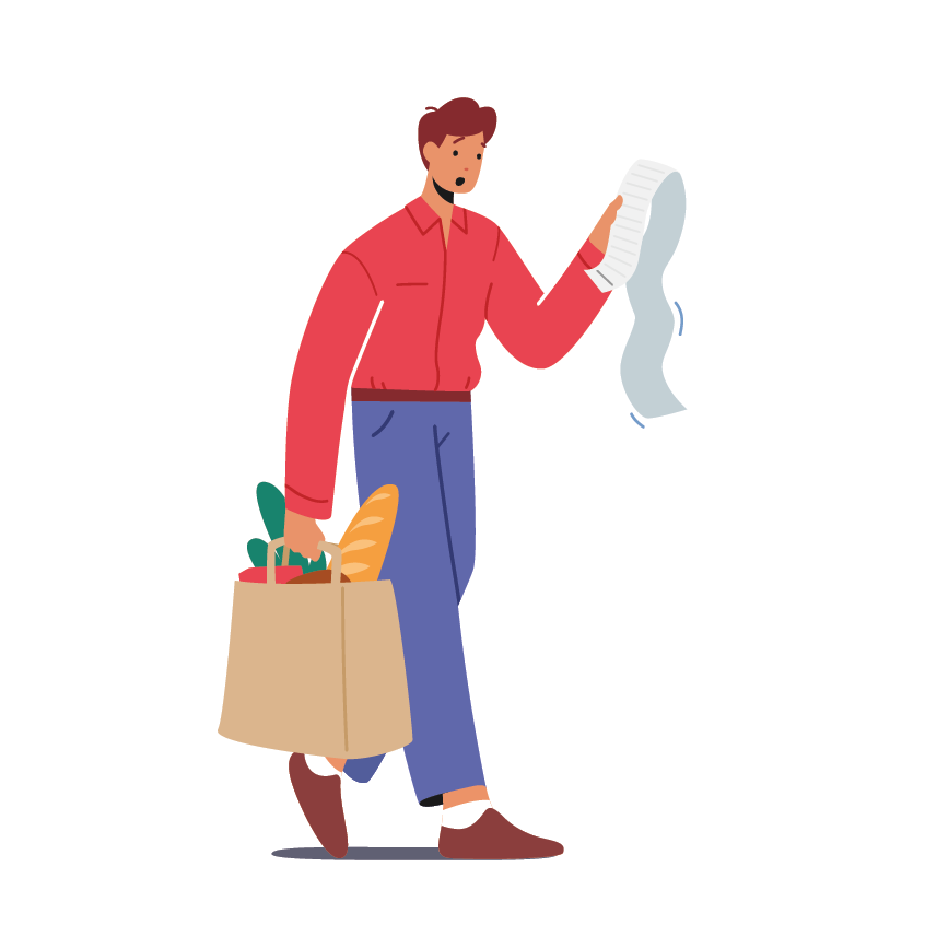 Upset Male Character Shocked with Price of Products in Store Concept  Unhappy Dissatisfied Customer with Food in Bag Look on Grocery Bill Surprised with High Cost  Cartoon People Vector Illustration