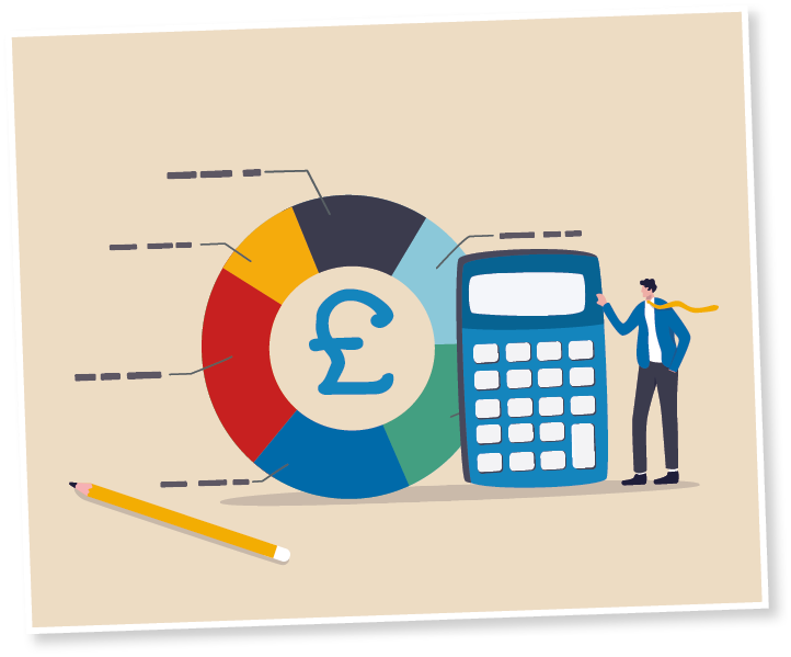 Cost structure, expense and income balance calculation, revenue, debt and investment analysis, money management, budget or saving concept, businessman with calculator with pie chart of cost structure 