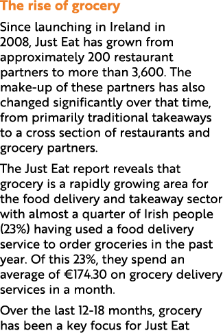 The rise of grocery Since launching in Ireland in 2008, Just Eat has grown from approximately 200 restaurant partners...