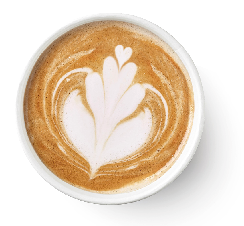 Set of paper take away cups of different coffee latte or cappuccino isolated on white background, top view