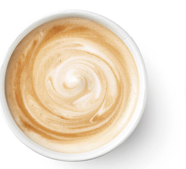 Set of paper take away cups of different coffee latte or cappuccino isolated on white background, top view