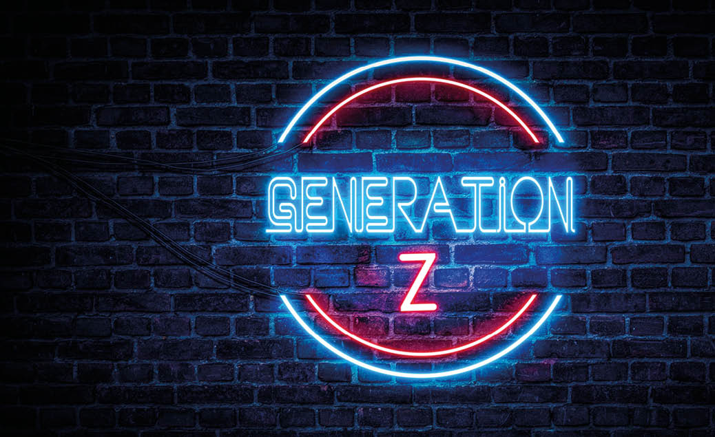 A blue and red neon sign on a brick wall that reads: GENERATION Z .