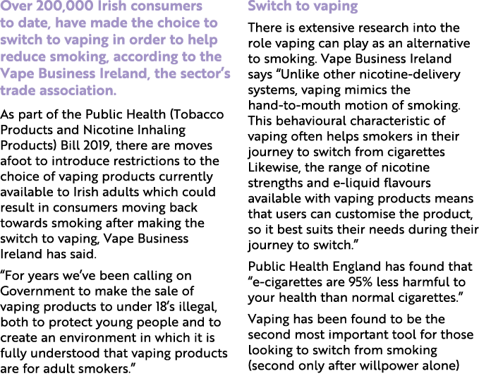 Over 200,000 Irish consumers to date, have made the choice to switch to vaping in order to help reduce smoking, accor...