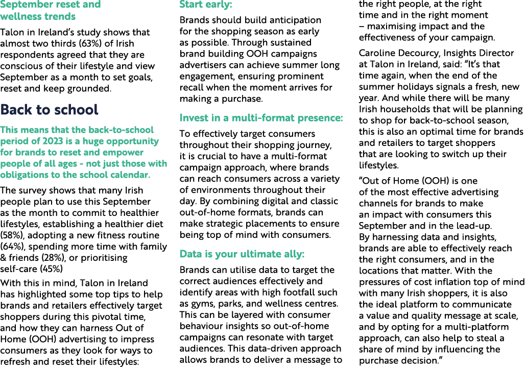 September reset and wellness trends Talon in Ireland’s study shows that almost two thirds (63%) of Irish respondents ...