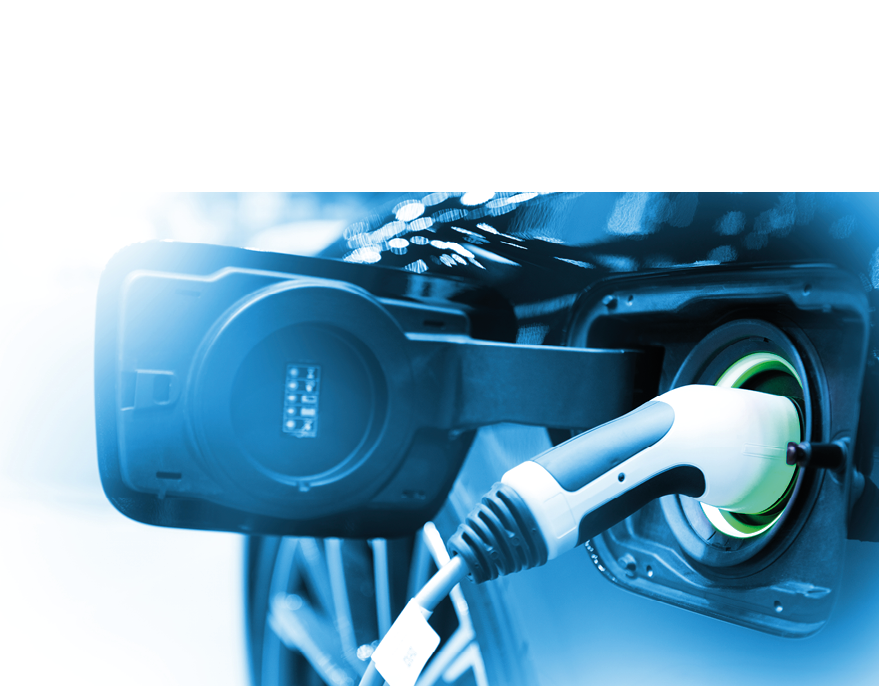 Charge EV car vehicle electric battery on station with blue car on panoramic banner white background with copy space. Idea for friendly environment nature electric energy technology green eco concept.