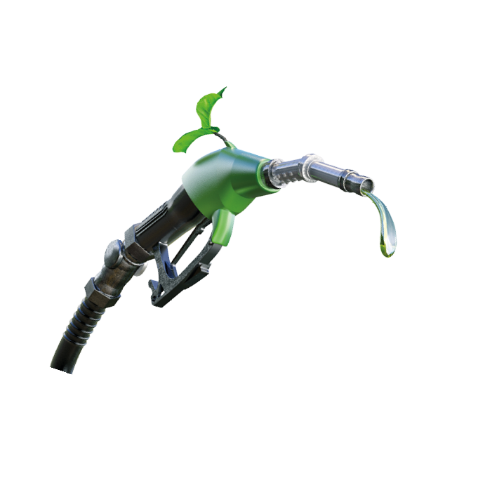 Gas pump nozzle with gasoline or biofuel drop and growing green sprout symbolising environmental friendliness, isolated. Ecological biofuel concept. 3D illustration