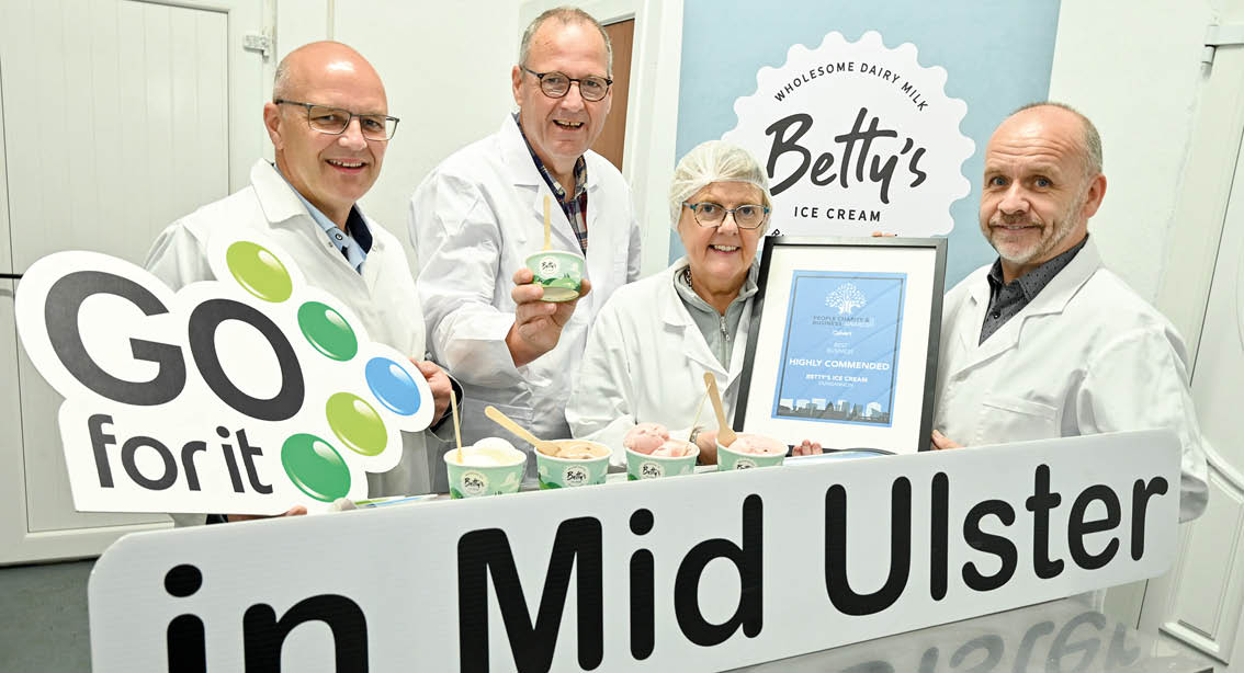 Trevor Boyd alongside his wife Barbara and daughter Bethany, have scooped up a business opportunity and launched their very own artisan ice cream business - Betty’s Ice Cream - thanks to the help of the Go For It programme in association with Mid Ulster District Council.  Pictured left to right is Councillor Dominic Molloy, Chair of Mid Ulster District Council, Trevor Boyd, Co- Founder of Betty’s Ice Cream, Barbara Boyd, Co- Founder of Betty’s Ice Cream, Jarlath Anderson, Business Advisor at Enterprise NI Dungannon. 