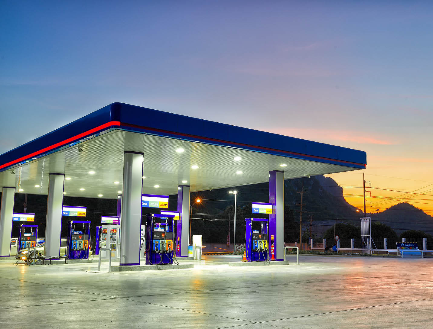 Gas station at sunset.