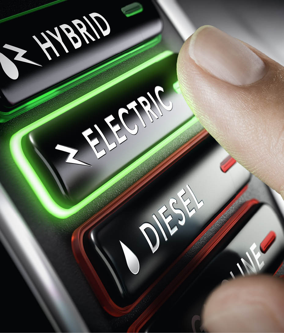 Finger pressing a push button to select electric technology car versus diesel. Composite image between a hand photography and a 3D background.