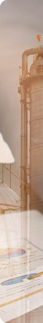 Double exposure of businessman review charts, oil fuel, Electric generating factory, plant and sunset as business, analysis, industrial and energy concept.