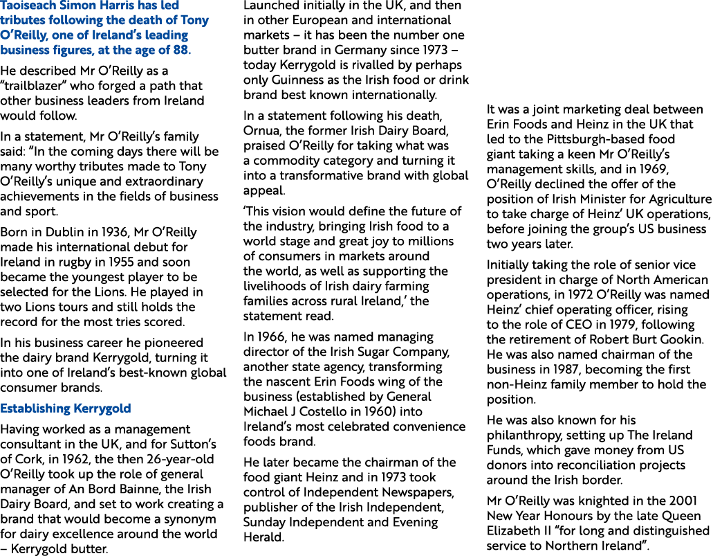 Taoiseach Simon Harris has led tributes following the death of Tony O’Reilly, one of Ireland’s leading business figur...