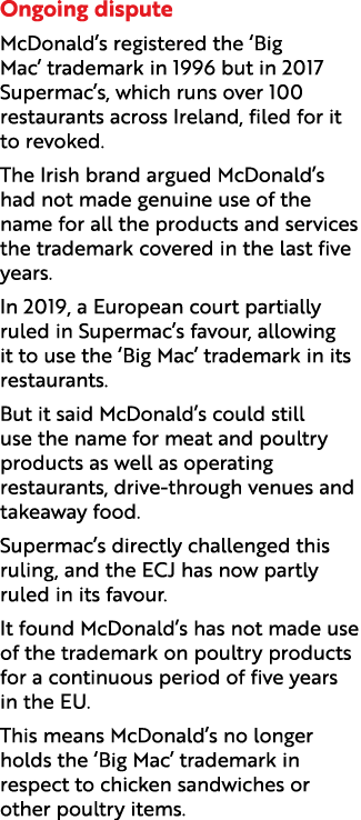 Ongoing dispute McDonald’s registered the ‘Big Mac’ trademark in 1996 but in 2017 Supermac’s, which runs over 100 res...