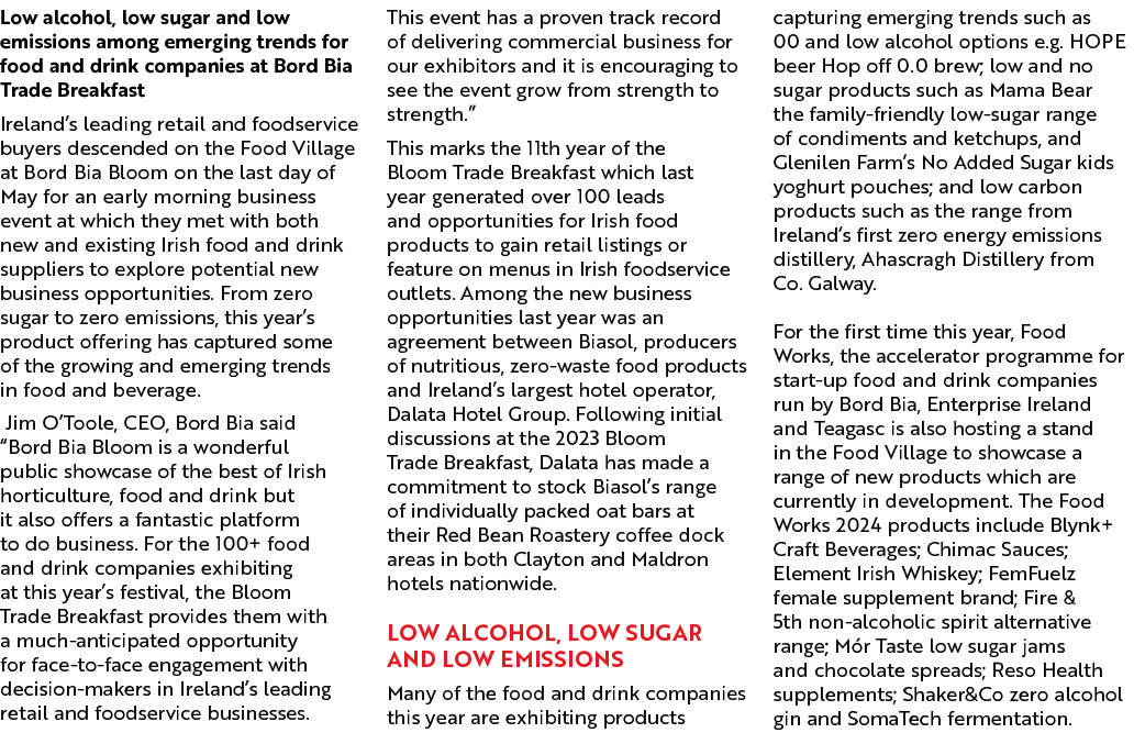 Low alcohol, low sugar and low emissions among emerging trends for food and drink companies at Bord Bia Trade Breakfa...