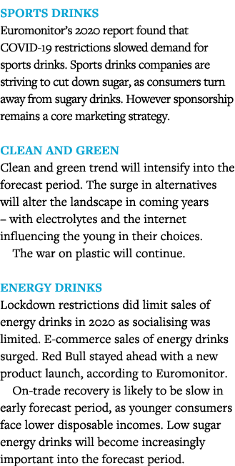 Sports drinks Euromonitor s 2020 report found that COVID-19 restrictions slowed demand for sports drinks  Sports drin   