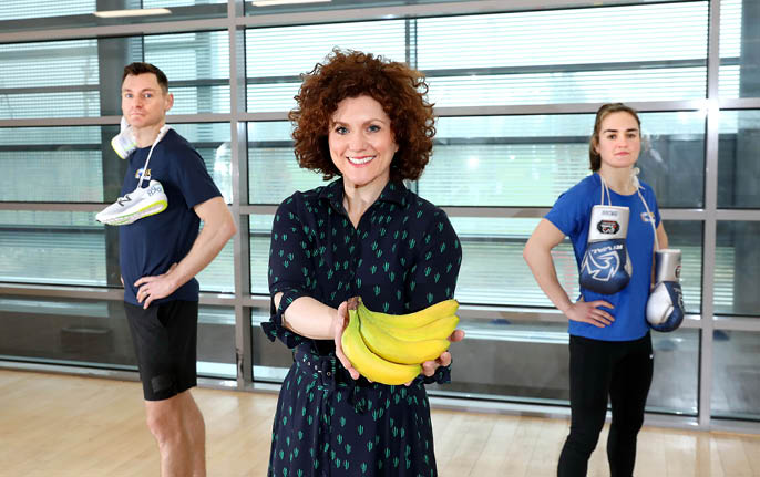 Track and field Olympian, David Gillick and Irish world boxing champion Kellie Harrington have signed up as members of the Fyffes Fit Squad team  Pictured with them at the launch of a 12-week online fitness programme, created to encourage children to adopt a healthy and active lifestyle, is Fyffes marketing manager Emma Hunt-Duffy 