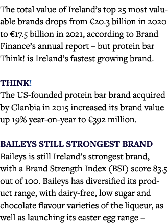The total value of Ireland s top 25 most valuable brands drops from  20 3 billion in 2020 to  17 5 billion in 2021, a   