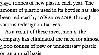 3,450 tonnes of new plastic each year  The amount of plastic used in its bottles has also been reduced by 10% since 2   