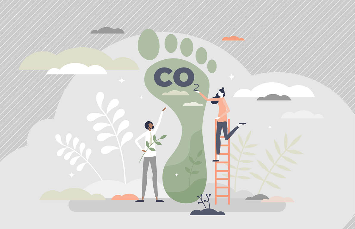 Carbon footprint as CO2 emission pollution amount in air tiny person concept  Dioxide greenhouse gases as climate change reason vector illustration  Foot symbol as industrial toxic effect warning 
