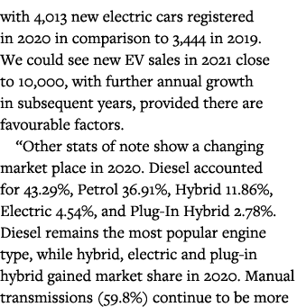 with 4,013 new electric cars registered in 2020 in comparison to 3,444 in 2019  We could see new EV sales in 2021 clo   