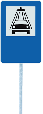 Car wash road sign on post pole, traffic roadsign, blue isolated vehicle shower washing service roadside signage icon plus blank empty copy space