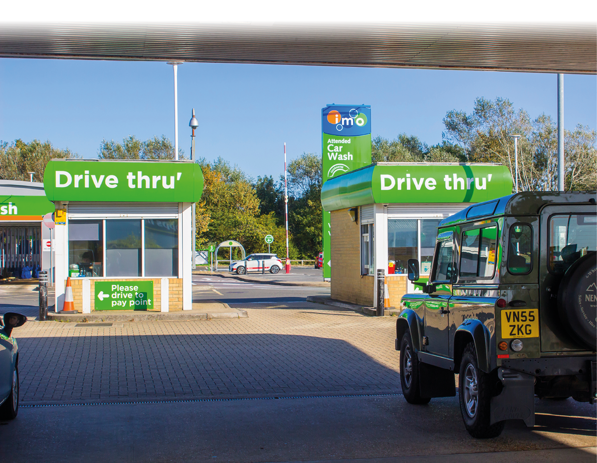 17 September 2019 A drive thru IMO Filling Station with individual paypoint booths in Fareham County Hampshire England on a bright late summer afternoon 