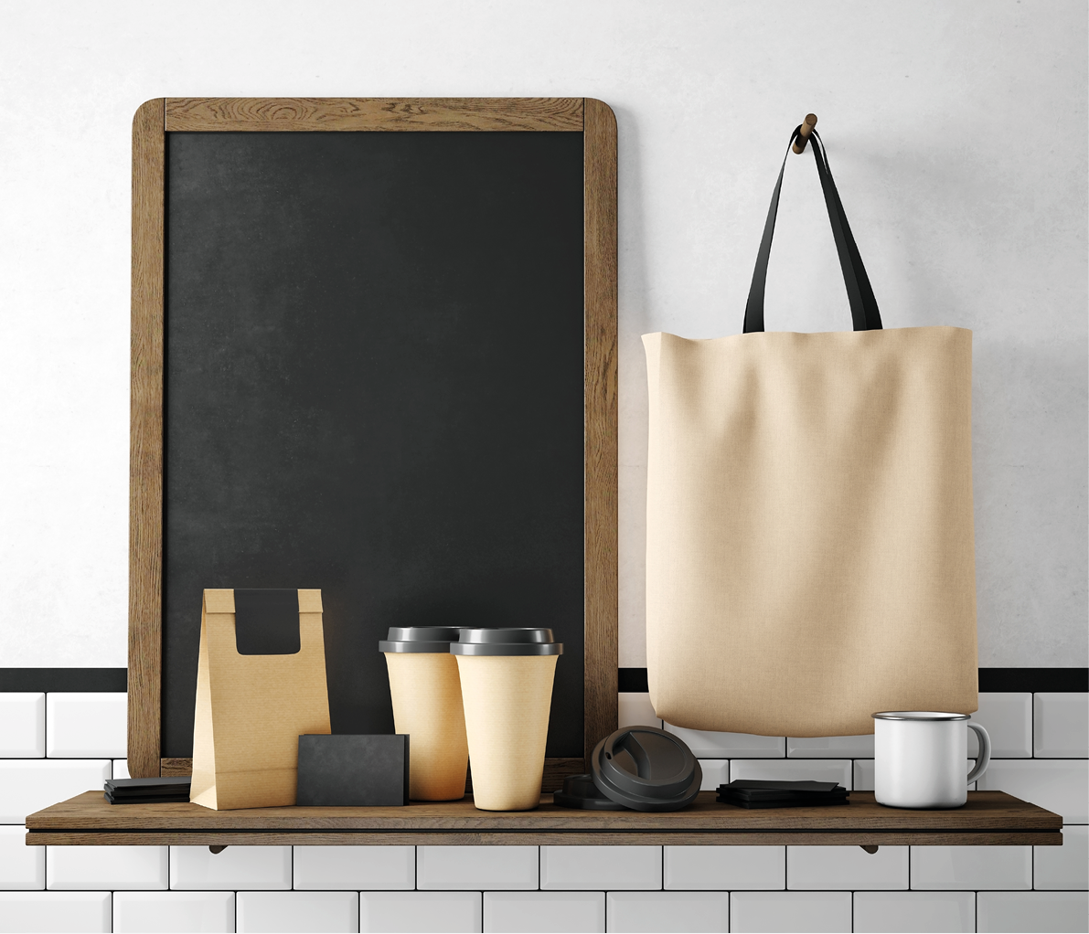 Black chalkboard on bookshelf with coffee set  3d rendering